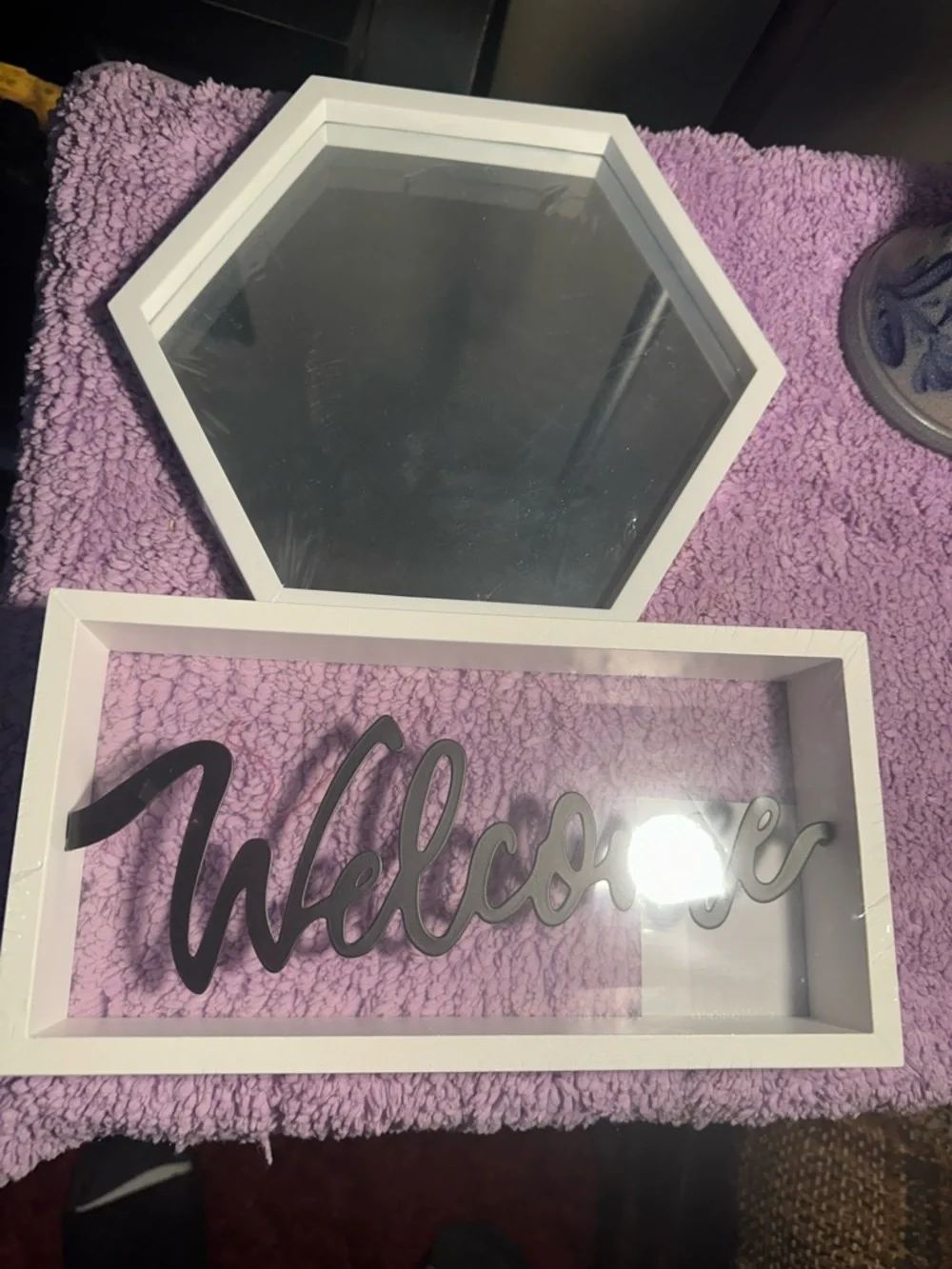 White 'Welcome' Framed Sign with White Hexagon Mirror